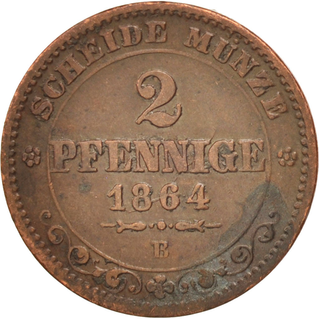 Moneta, Stati tedeschi, SAXONY-ALBERTINE, Johann, 2 Pfennig, 1864, BB, Rame