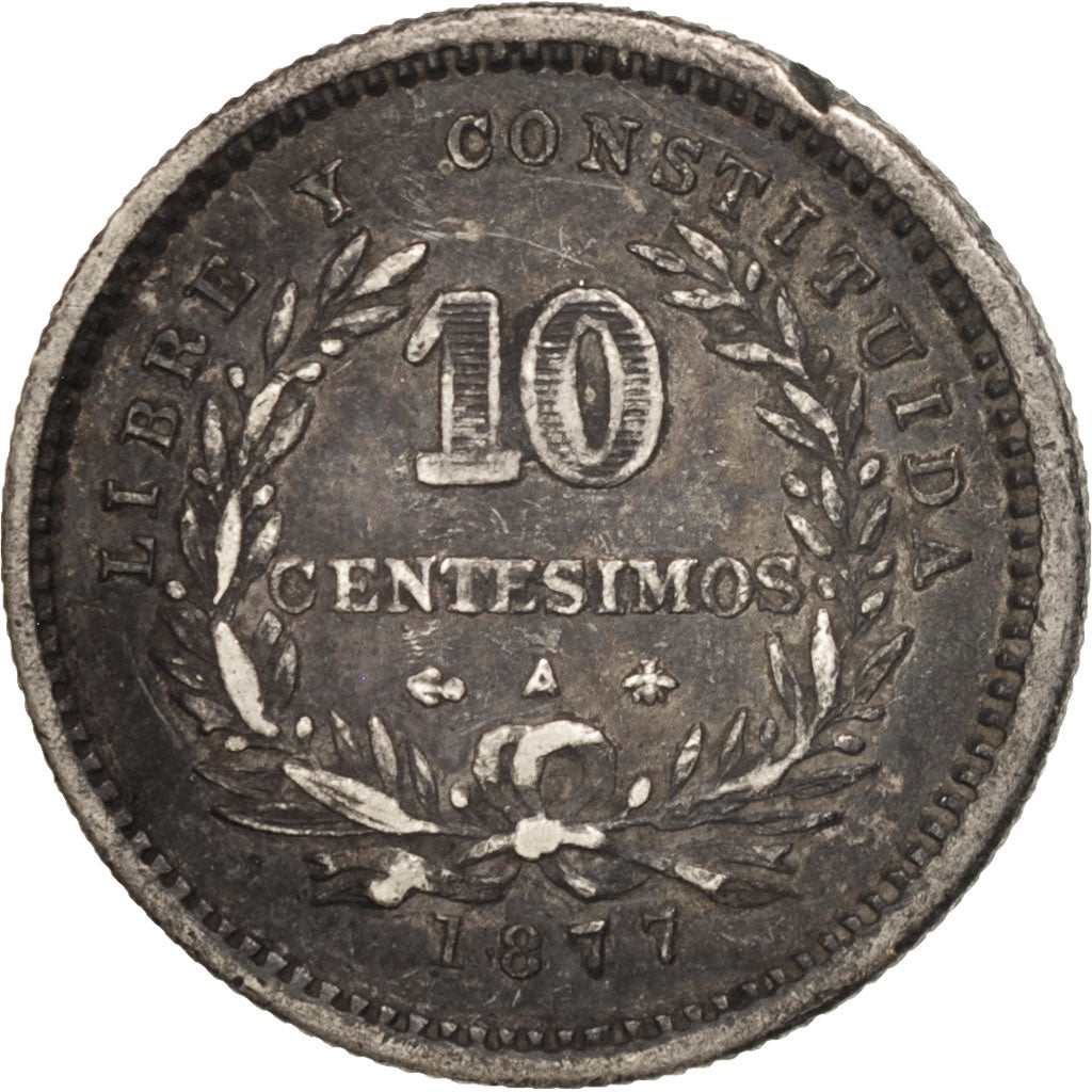 Uruguay, 10 Centesimos, 1877, Uruguay Mint, Paris, Berlin, Vienna, EF(40-45)