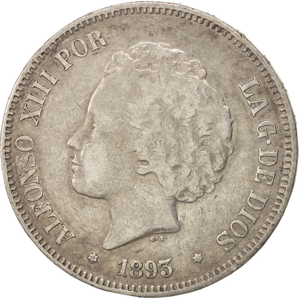 Spain, Alfonso XIII, 5 Pesetas, 1893, VF(30-35), Silver, KM:700