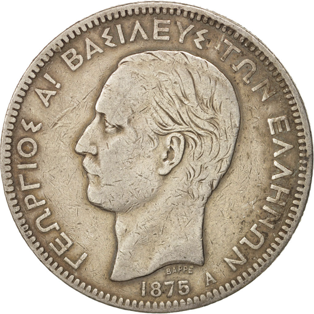 Coin, Greece, George I, 5 Drachmai, 1875, Paris, VF(20-25), Silver, KM:46