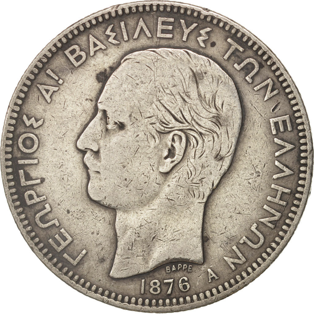 Greece, George I, 5 Drachmai, 1876, Paris, VF(20-25), Silver, KM:46