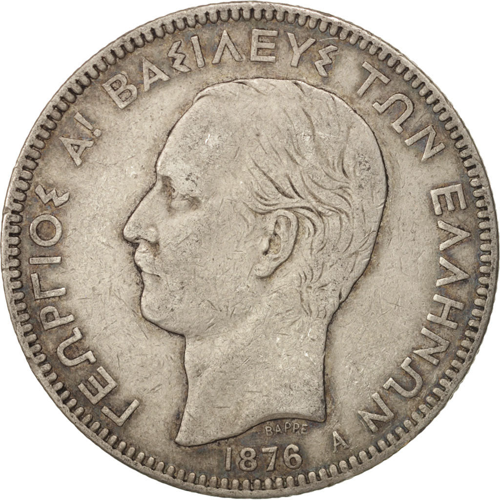 Greece, George I, 5 Drachmai, 1876, Paris, VF(20-25), Silver, KM:46