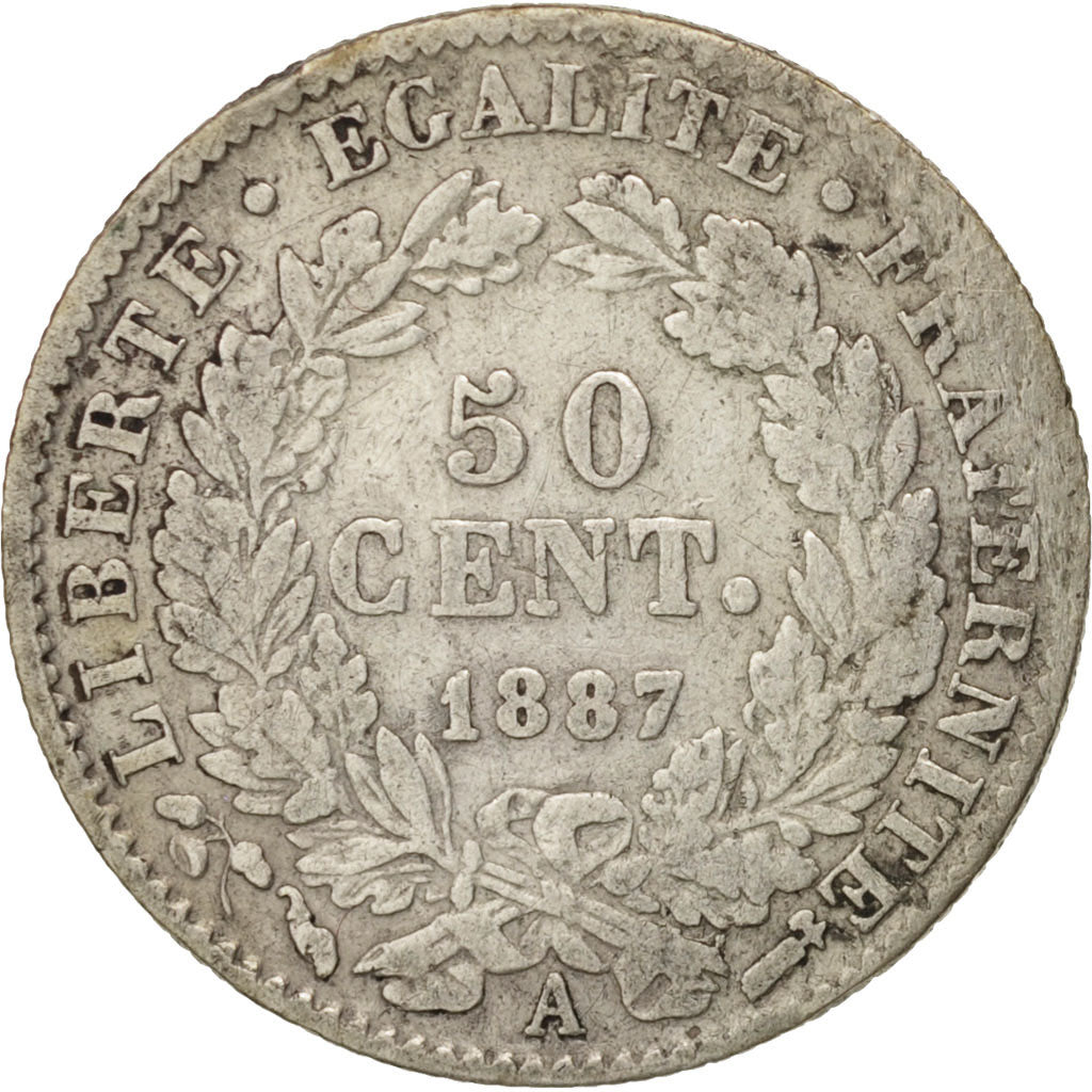 France, Cérès, 50 Centimes, 1887, Paris, VF(30-35), Silver, KM:834.1