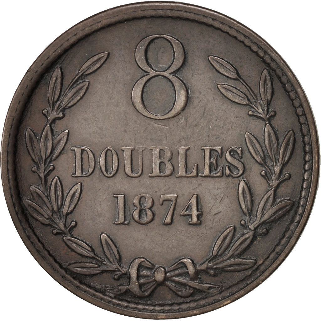 Guernsey, 8 Doubles, 1874, Heaton, Birmingham, AU(50-53), Bronze, KM:7