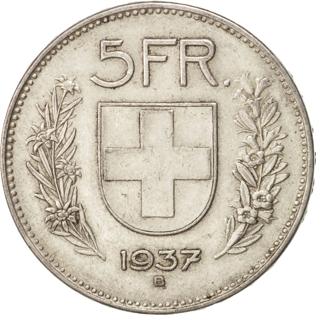 Switzerland, 5 Francs, 1937, Bern, AU(50-53), Silver, KM:40