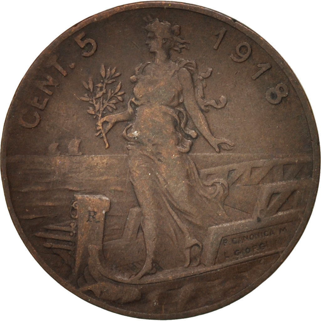 Coin, Italy, Vittorio Emanuele III, 5 Centesimi, 1918, Rome, VF(20-25), Bronze