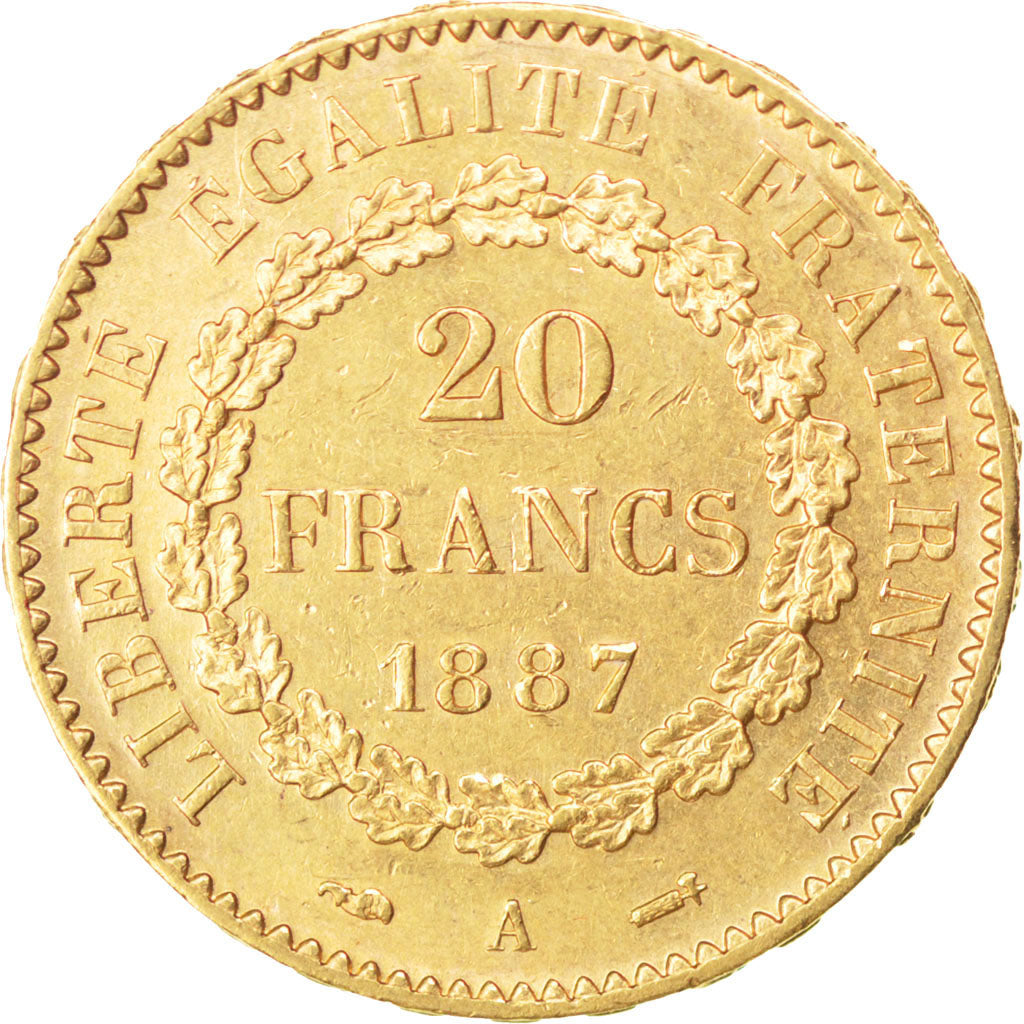 FRANCE, Génie, 20 Francs, 1887, Paris, KM #825, AU(55-58), Gold, Gadoury #1063, 