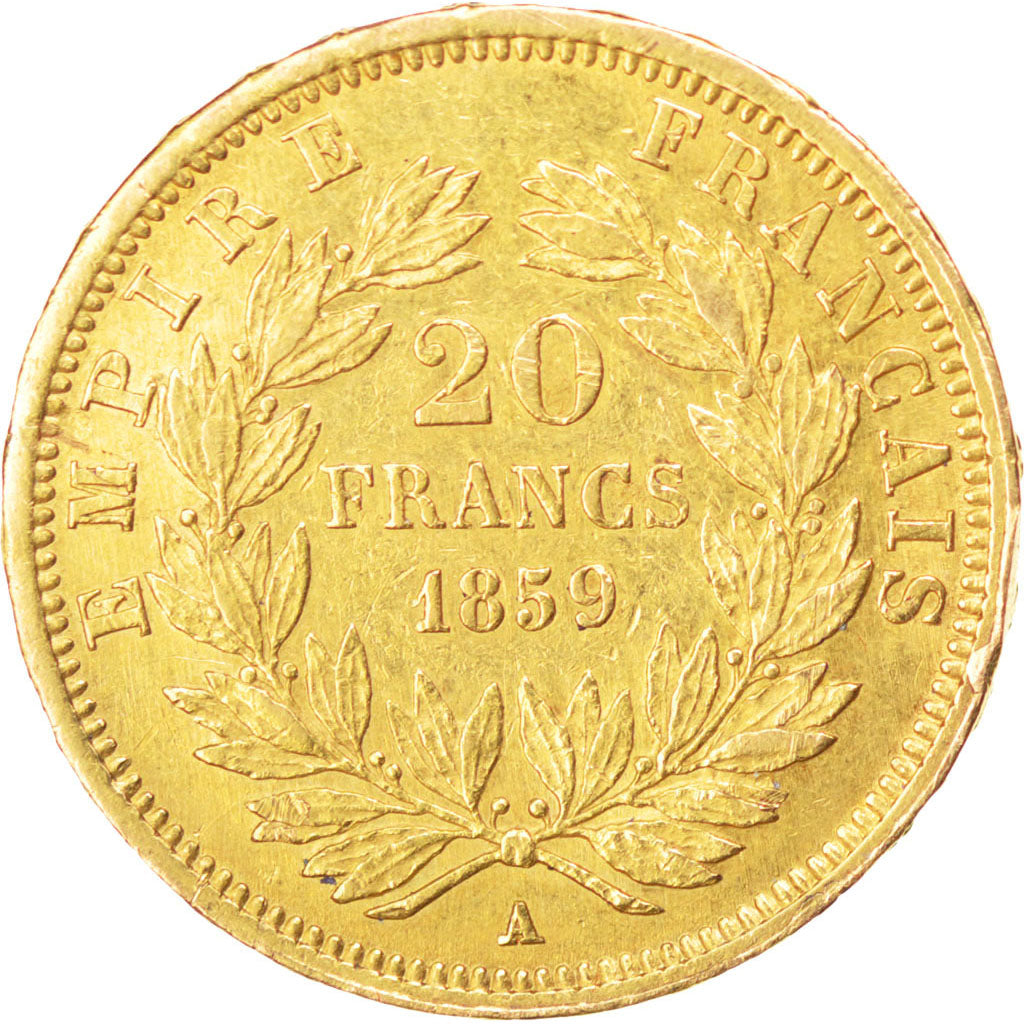 FRANCE, Napoléon III, 20 Francs, 1859, Paris, KM #781.1, AU(50-53), Gold, Gadour
