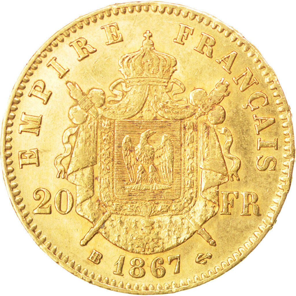 FRANCE, Napoléon III, 20 Francs, 1867, Paris, KM #801.1, AU(55-58), Gold, Gadour
