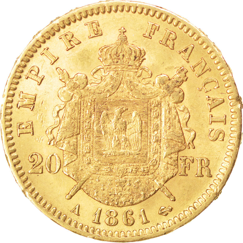 Second Empire, 20 francs or Napoléon III tête laurée 1861 A, KM 801.1