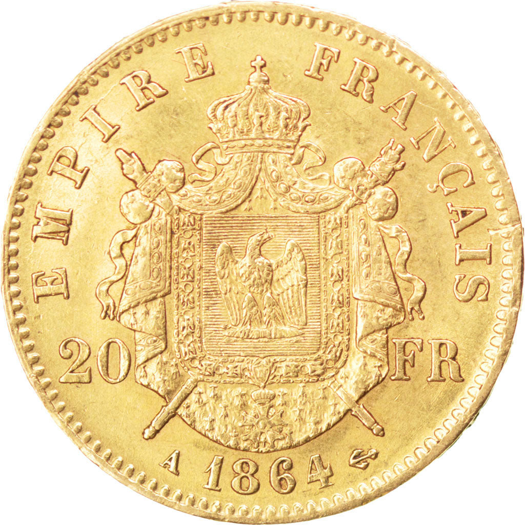 FRANCE, Napoléon III, 20 Francs, 1864, Paris, KM #801.1, AU(55-58), Gold, Gadour