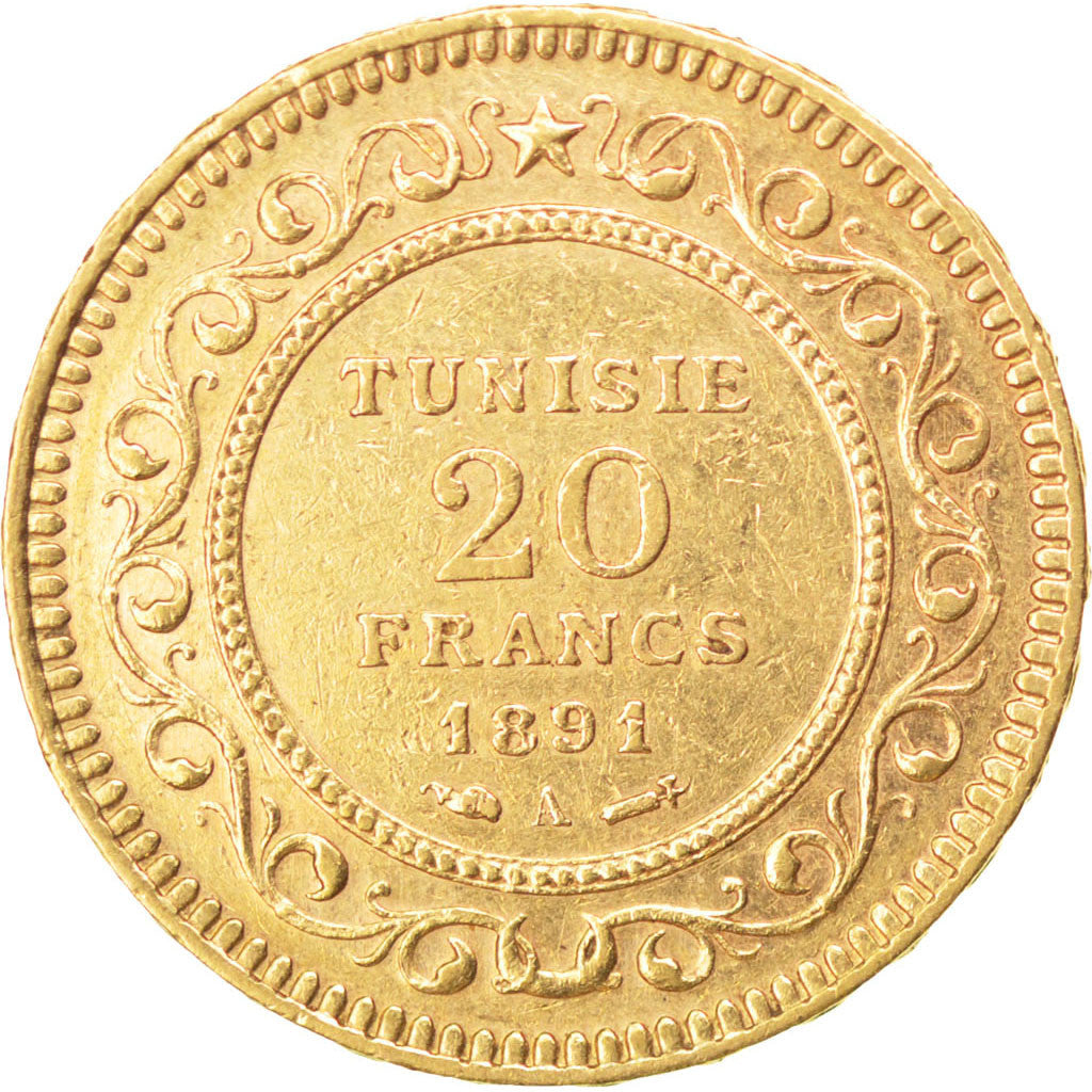 Moneta, Tunisia, Ali Bey, 20 Francs, 1891, Paris, BB, Oro, KM:227