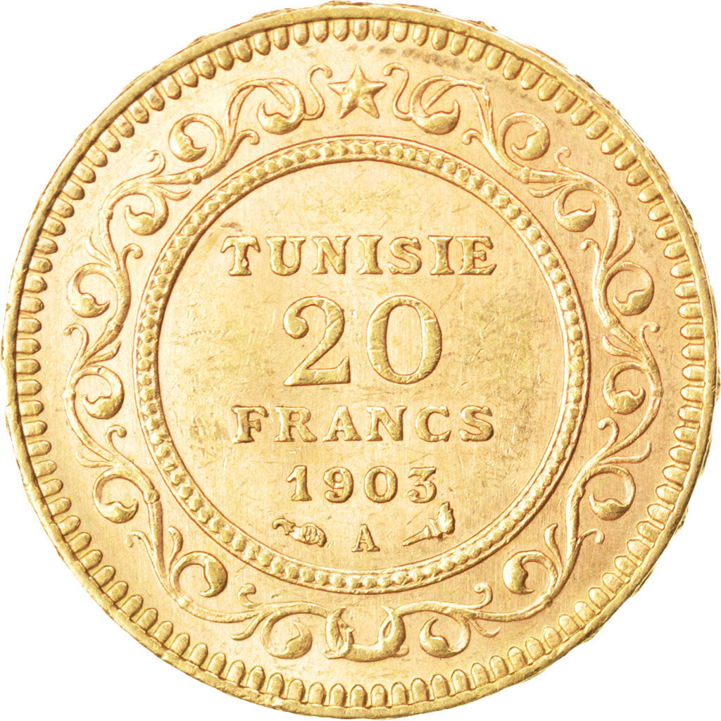 TUNISIA, 20 Francs, 1903, Paris, KM #234, AU(55-58), Gold, 6.45