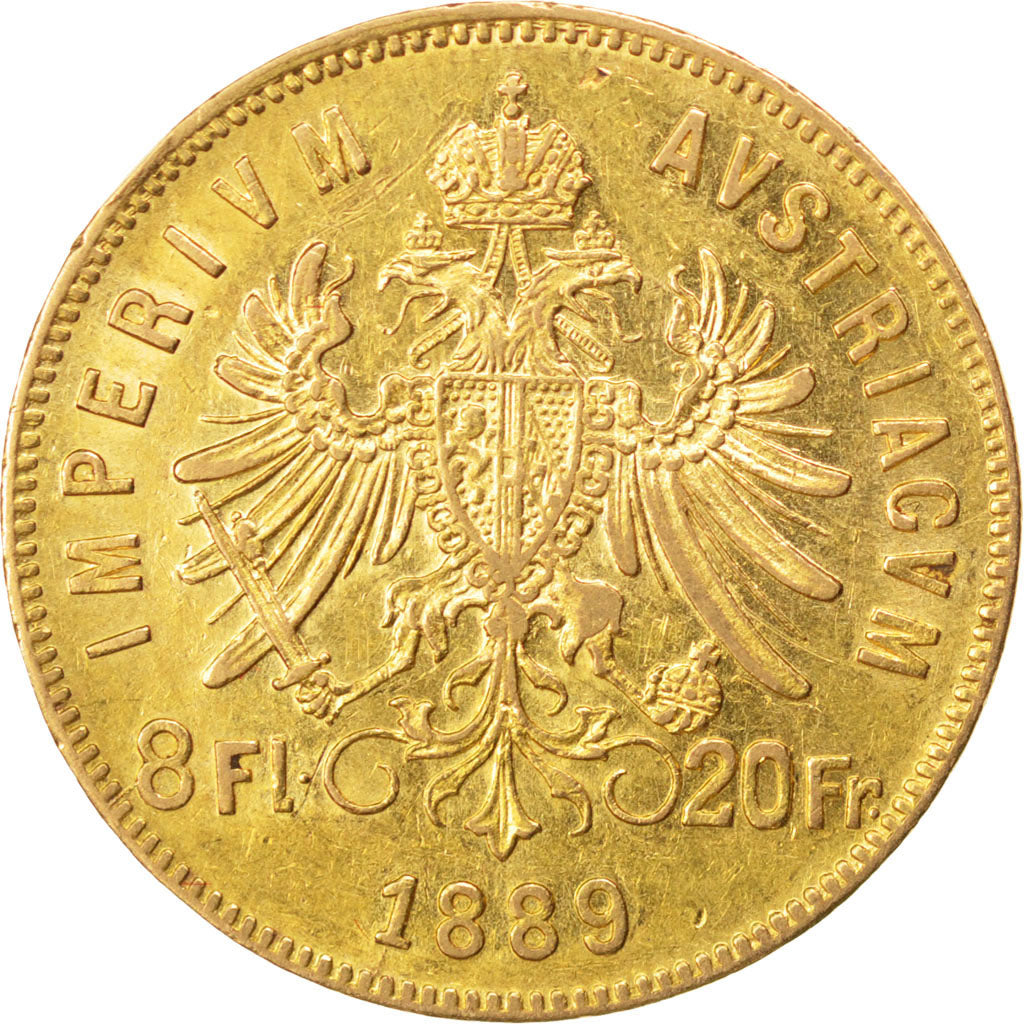 AUSTRIA, 8 Florins-20 Francs, 1889, KM #2269, MS(60-62), Gold, 6.42