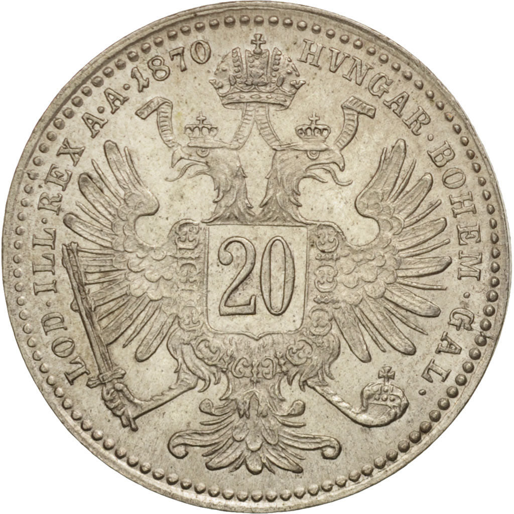 Coin, Austria, Franz Joseph I, 20 Kreuzer, 1870, MS(64), Silver, KM:2212