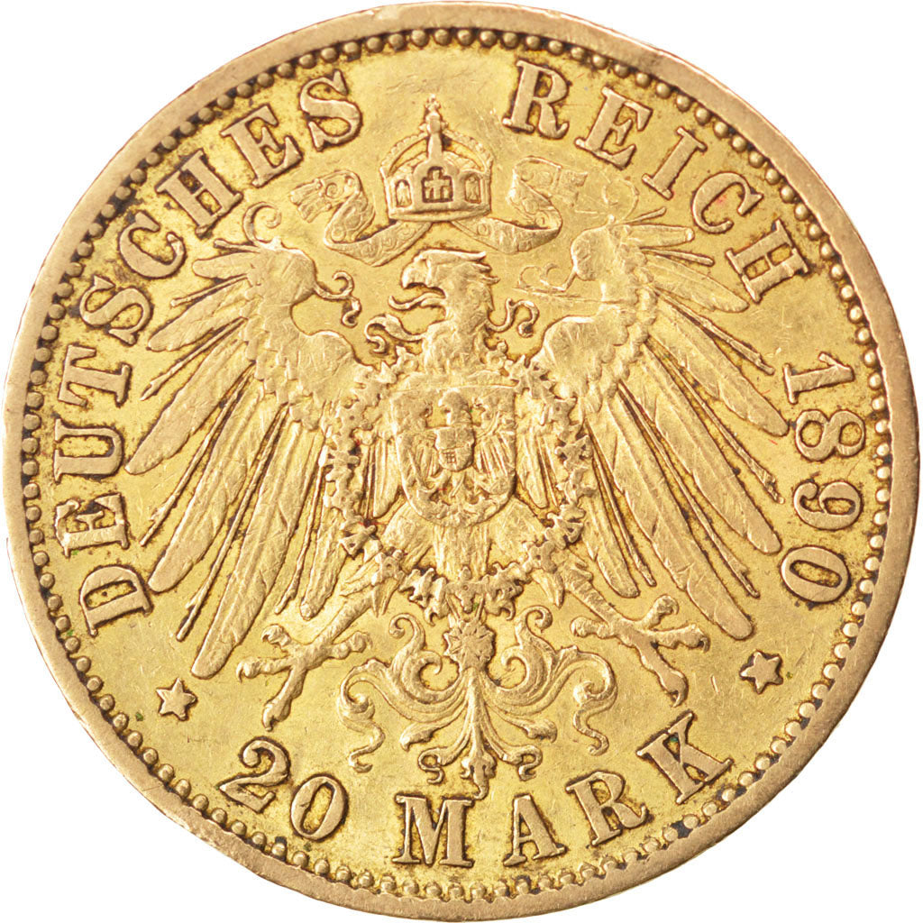German States, 20 Mark, 1890, Berlin, KM #521, EF(40-45), Gold, 7.93