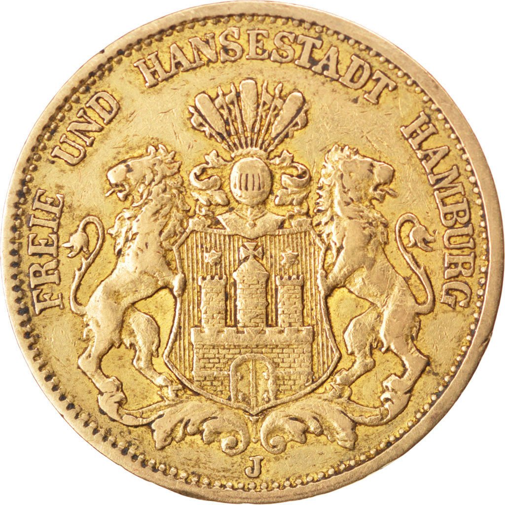 German States, 20 Mark, 1878, Hambourg, KM #602, EF(40-45), Gold, 7.90