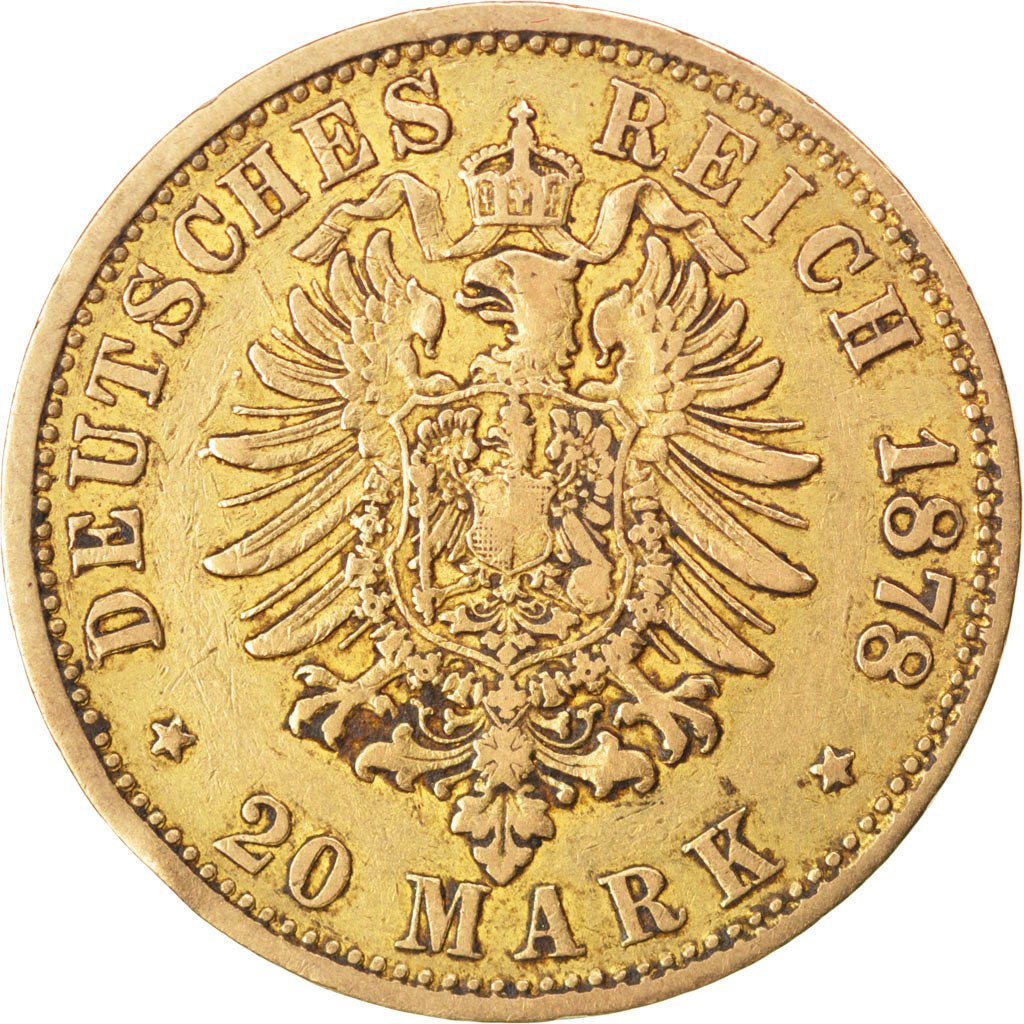 German States, 20 Mark, 1878, Hambourg, KM #602, EF(40-45), Gold, 7.90