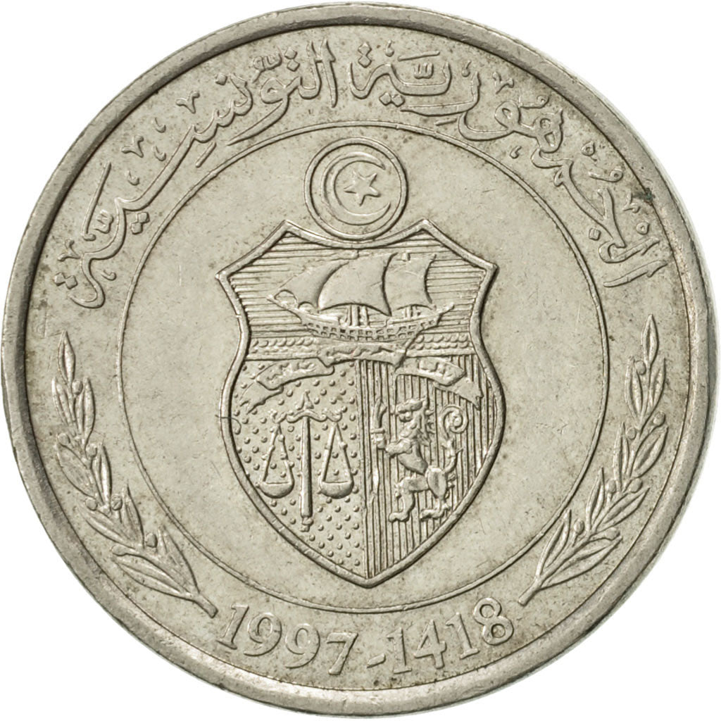 Tunisia, 1/2 Dinar, 1997, Paris, AU(55-58), Copper-nickel, KM:346