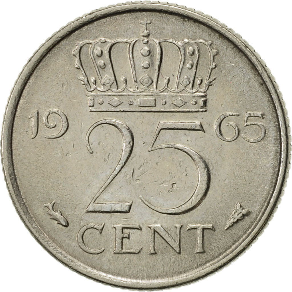 Coin, Netherlands, Juliana, 25 Cents, 1965, AU(55-58), Nickel, KM:183