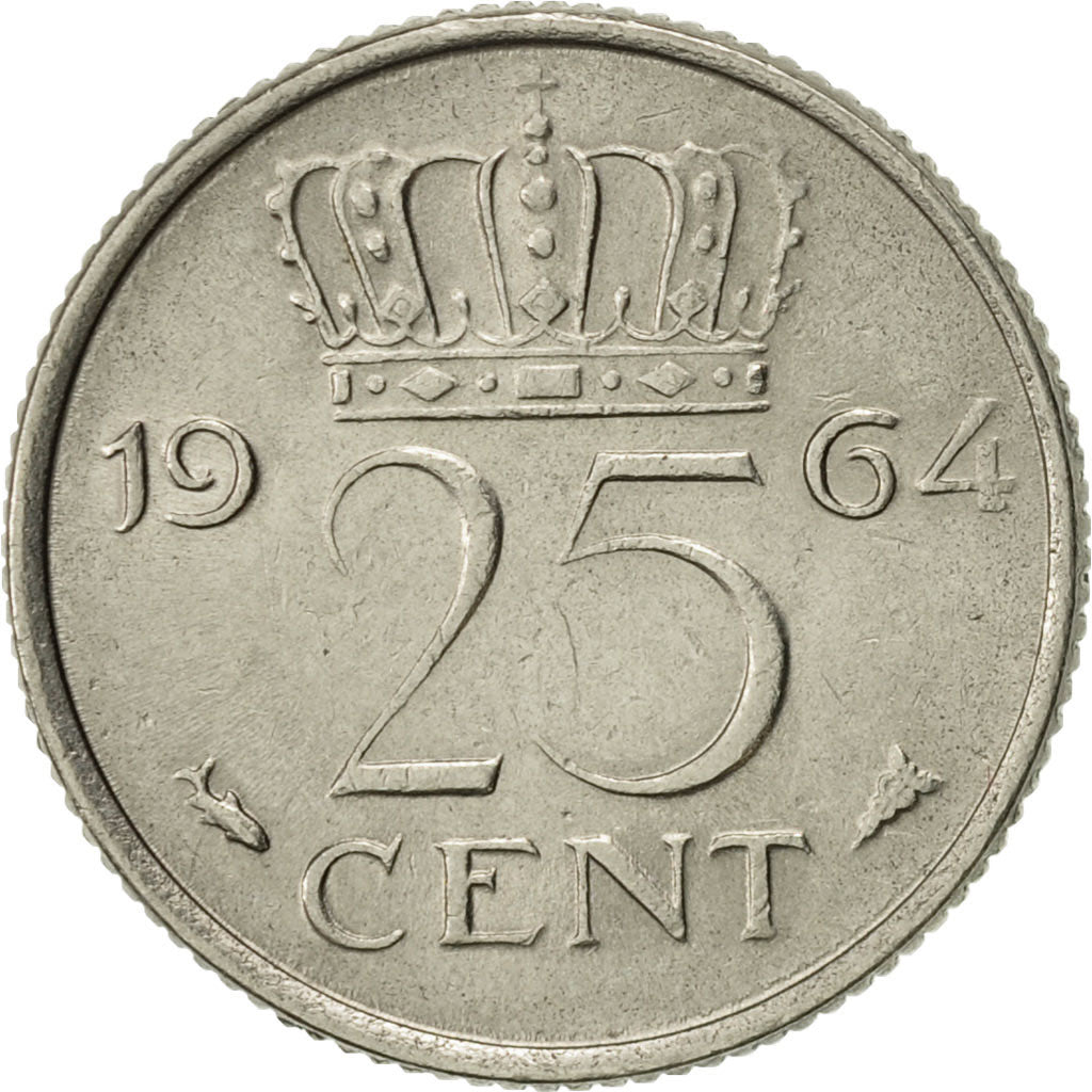Coin, Netherlands, Juliana, 25 Cents, 1964, AU(55-58), Nickel, KM:183