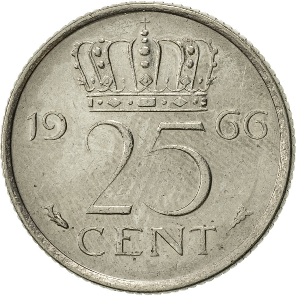Coin, Netherlands, Juliana, 25 Cents, 1966, AU(55-58), Nickel, KM:183