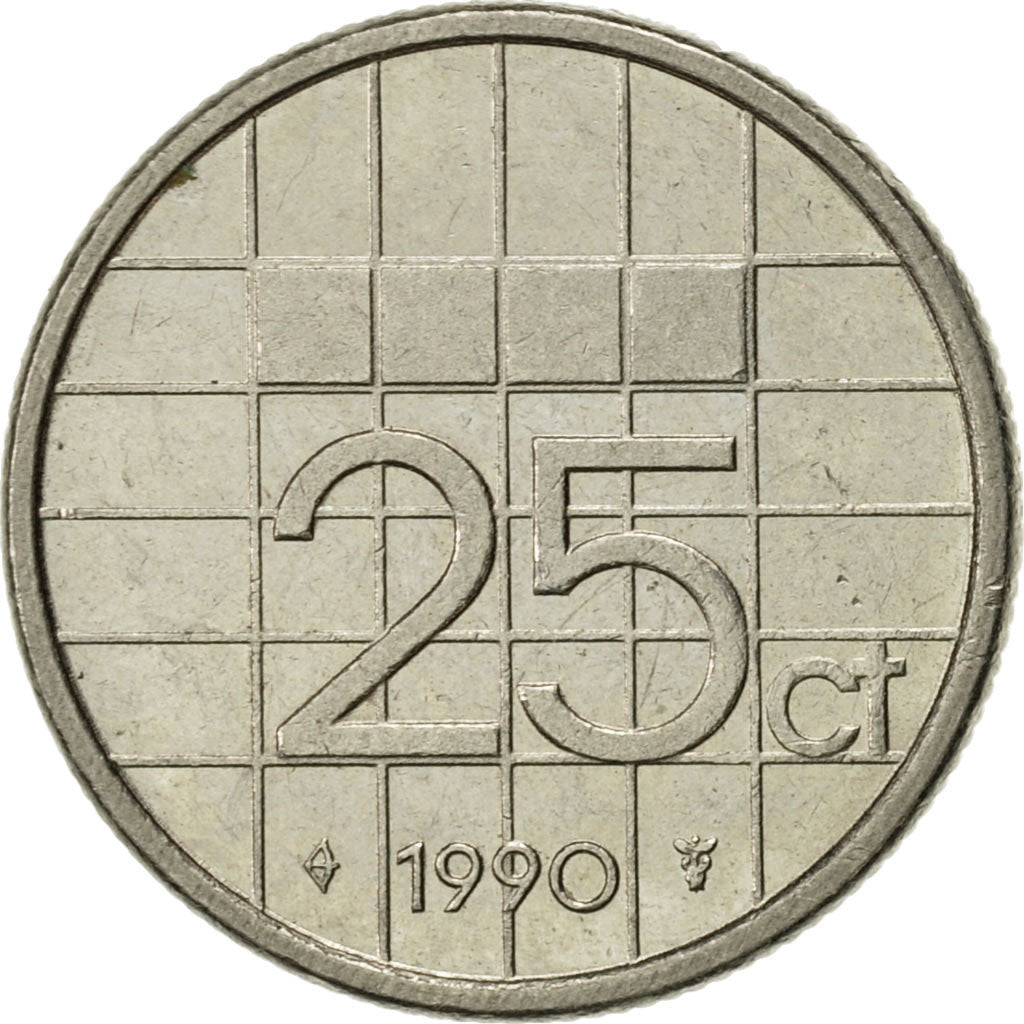 Moneta, Holandia, Beatrix, 25 Cents, 1990, AU(55-58), Nikiel, KM:204