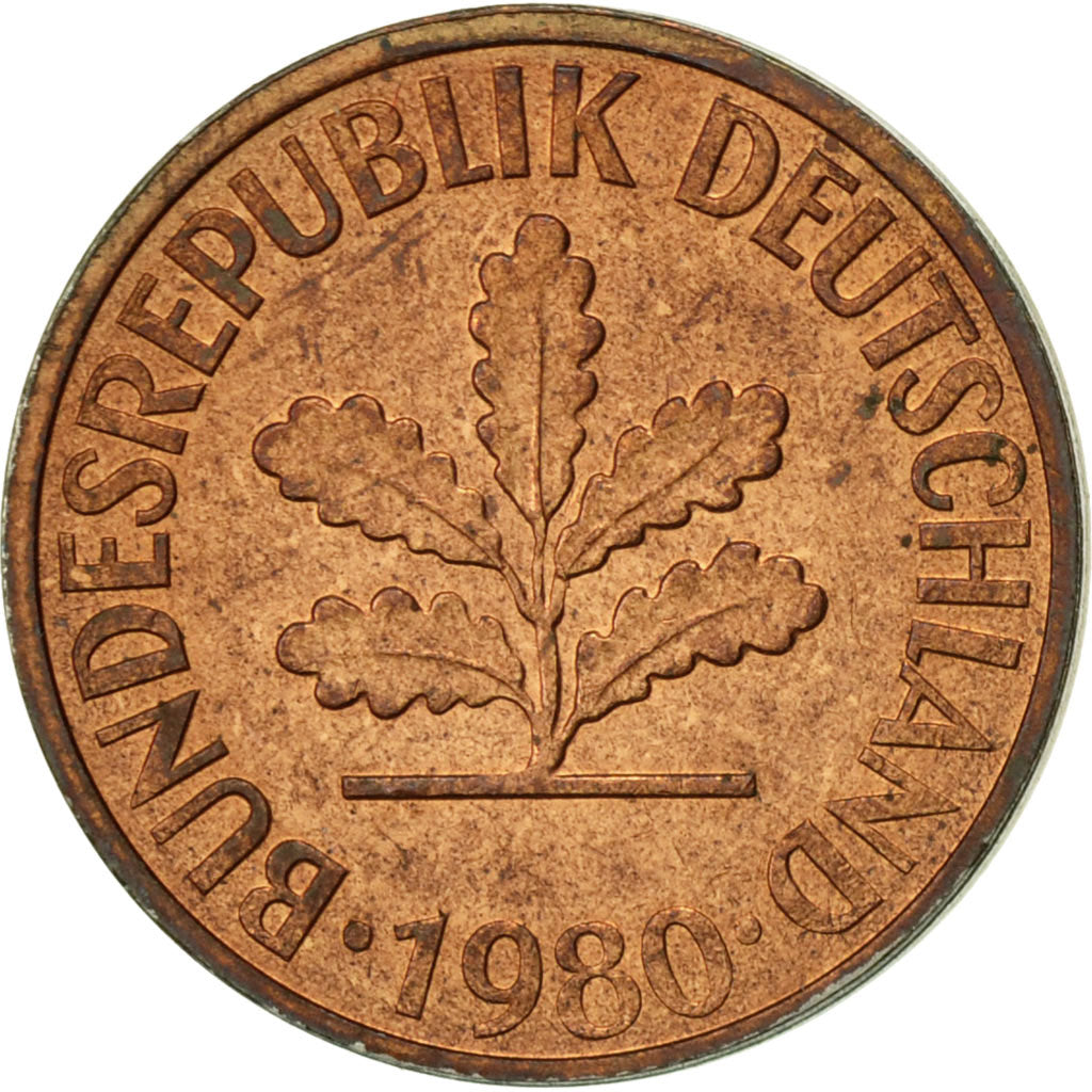 Münze, Bundesrepublik Deutschland, 2 Pfennig, 1980, Stuttgart, SS+, Copper