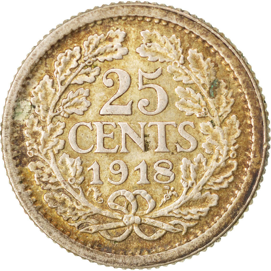 NETHERLANDS, 25 Cents, 1918, KM #146, AU(50-53), Silver, 19, 3.58