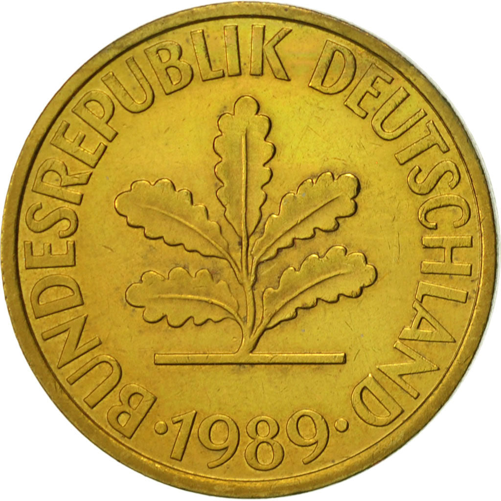 Coin, GERMANY - FEDERAL REPUBLIC, 10 Pfennig, 1989, Karlsruhe, AU(55-58), Brass