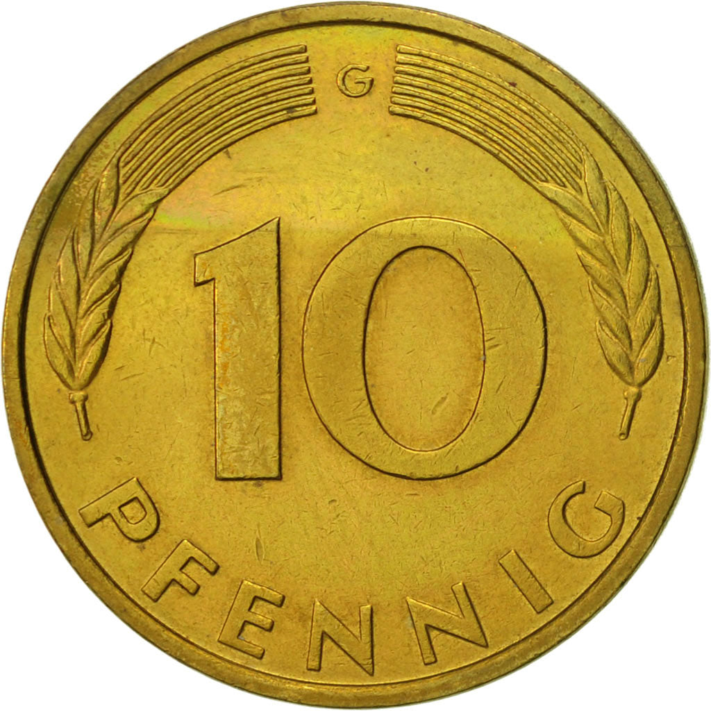 Coin, GERMANY - FEDERAL REPUBLIC, 10 Pfennig, 1989, Karlsruhe, AU(55-58), Brass