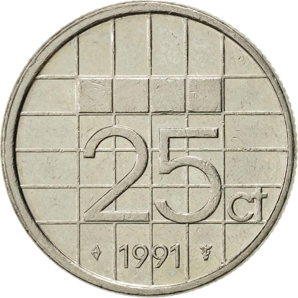 Moneta, Holandia, Beatrix, 25 Cents, 1991, AU(55-58), Nikiel, KM:204