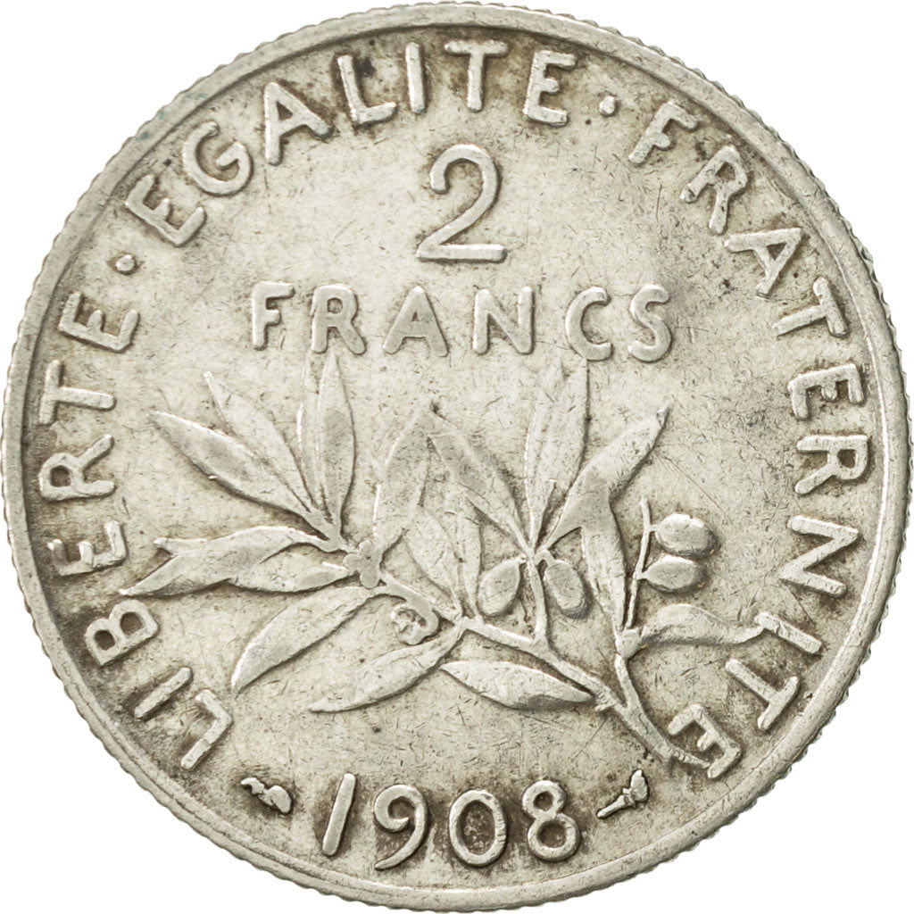 Coin, France, Semeuse, 2 Francs, 1908, Paris, AU(50-53), Silver, KM:845.1