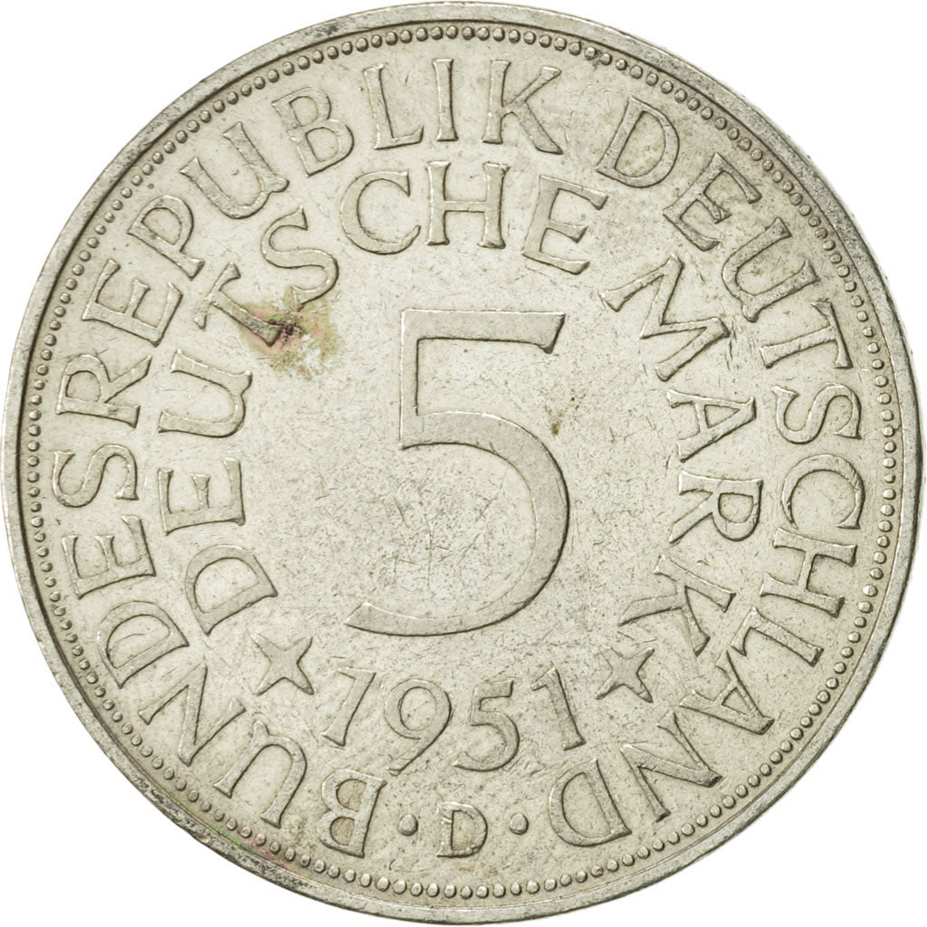 Coin, GERMANY - FEDERAL REPUBLIC, 5 Mark, 1951, Munich, AU(50-53), Silver