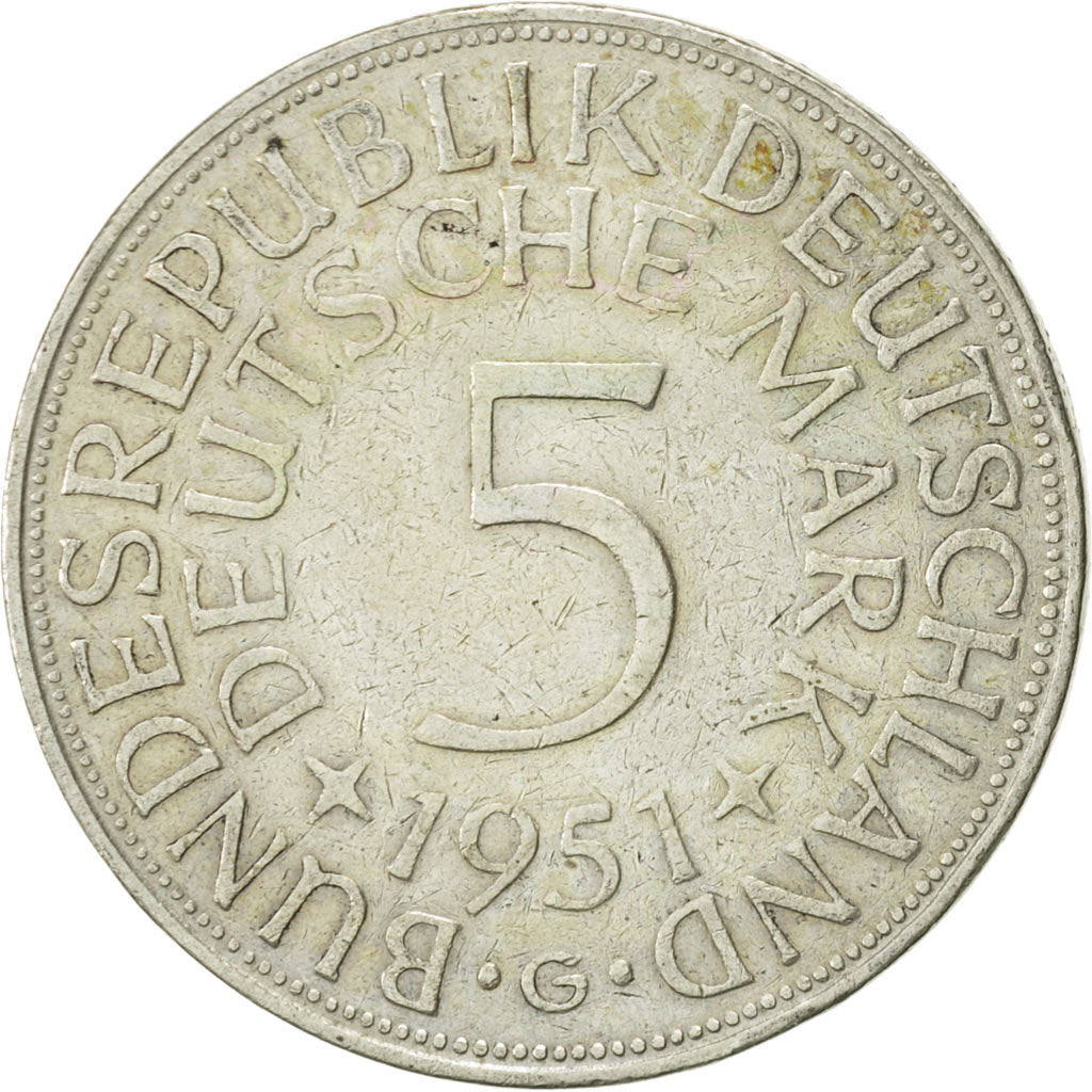 Moneta, GERMANIA - REPUBBLICA FEDERALE, 5 Mark, 1951, Karlsruhe, BB, Argento