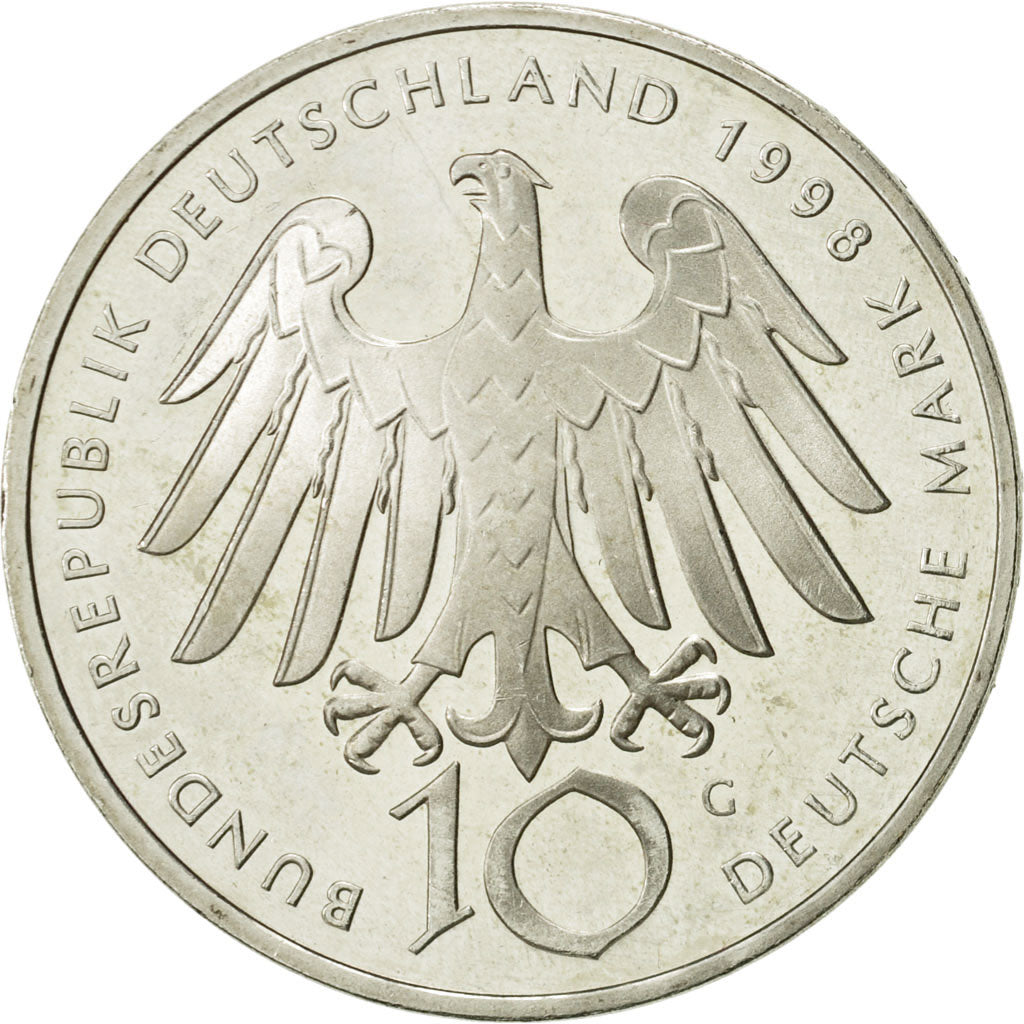 Coin, GERMANY - FEDERAL REPUBLIC, 10 Mark, 1998, Karlsruhe, MS(63), Silver