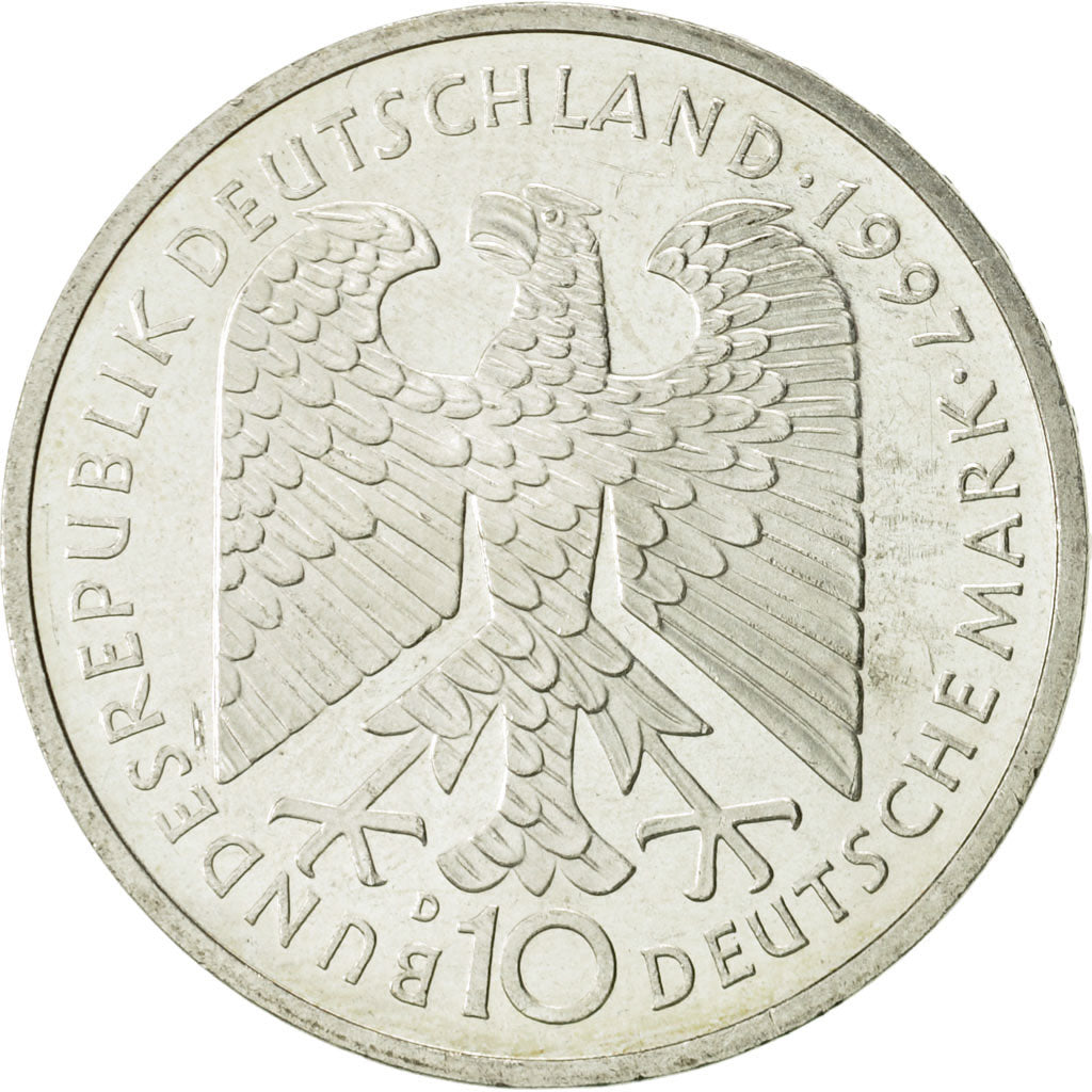 Coin, GERMANY - FEDERAL REPUBLIC, 10 Mark, 1997, Munich, MS(63), Silver, KM:190