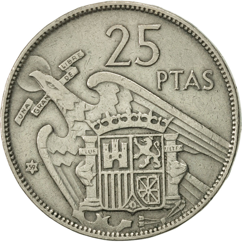 Coin, Spain, Caudillo and regent, 25 Pesetas, 1959, AU(55-58), Copper-nickel
