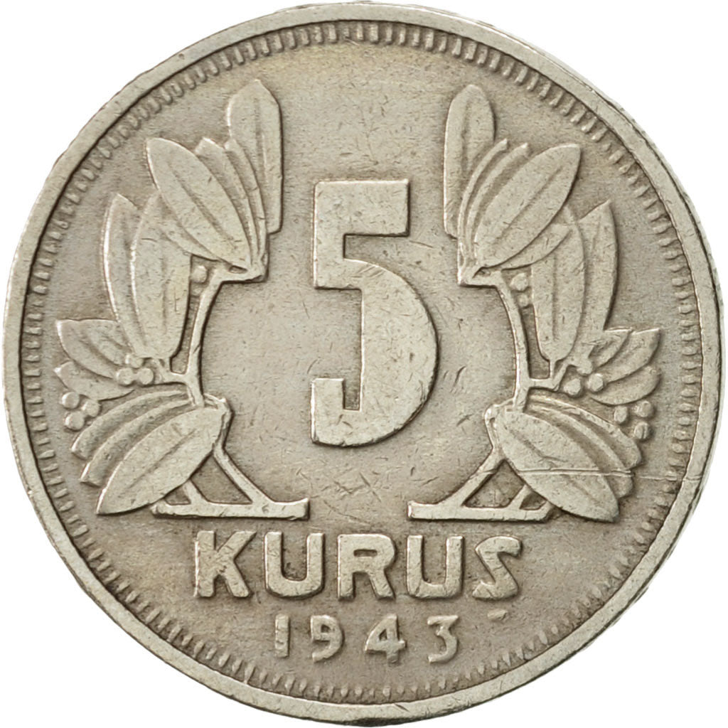 Turkey, 5 Kurus, 1943, AU(50-53), Copper-nickel, KM:862