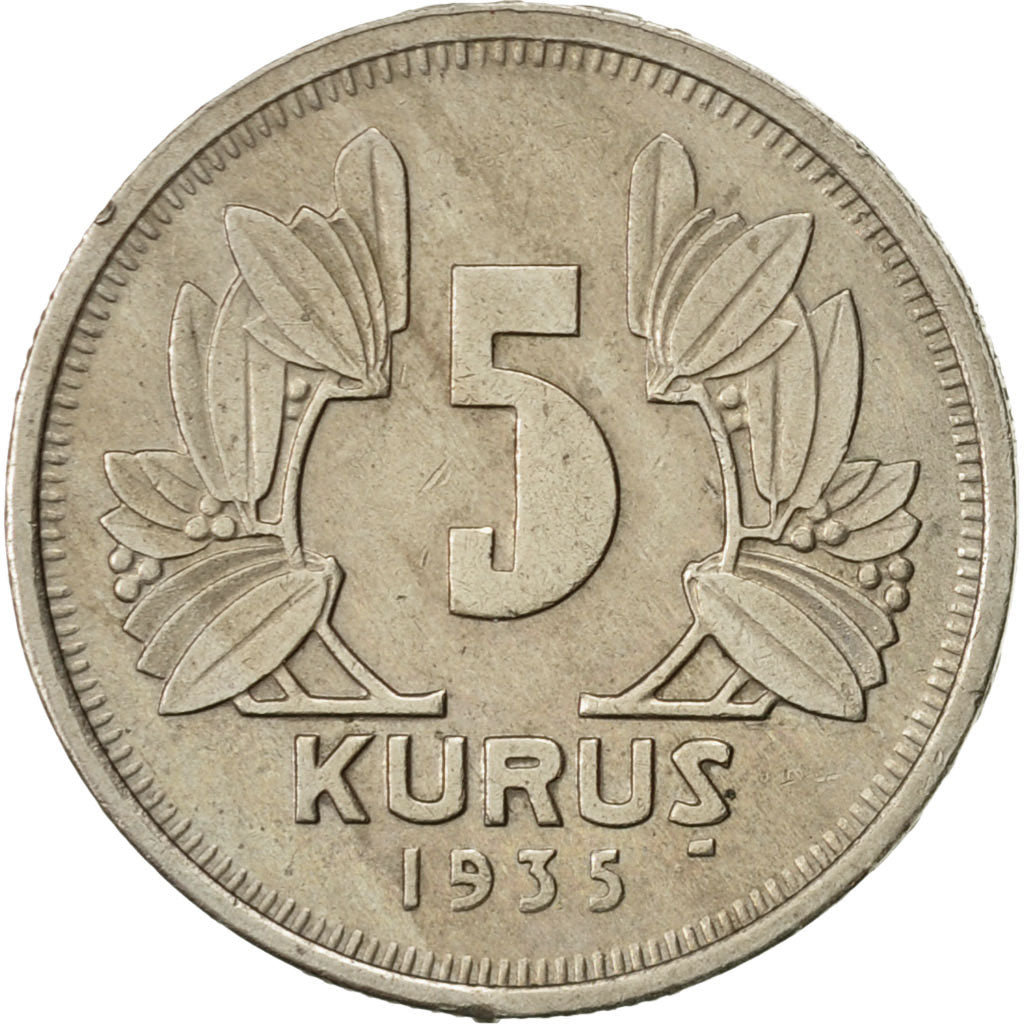 Turkey, 5 Kurus, 1935, AU(50-53), Copper-nickel, KM:862