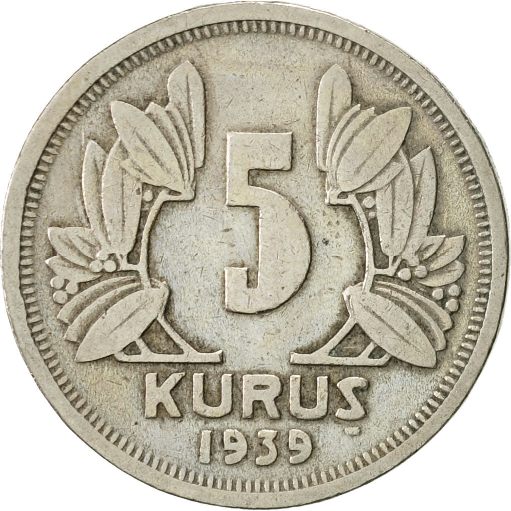 Türkei, 5 Kurus, 1939, SS+, Copper-nickel, KM:862