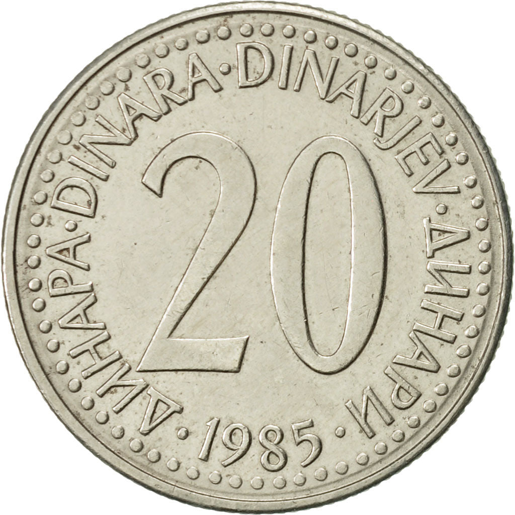 Coin, Yugoslavia, 20 Dinara, 1985, AU(55-58), Copper-Nickel-Zinc, KM:112
