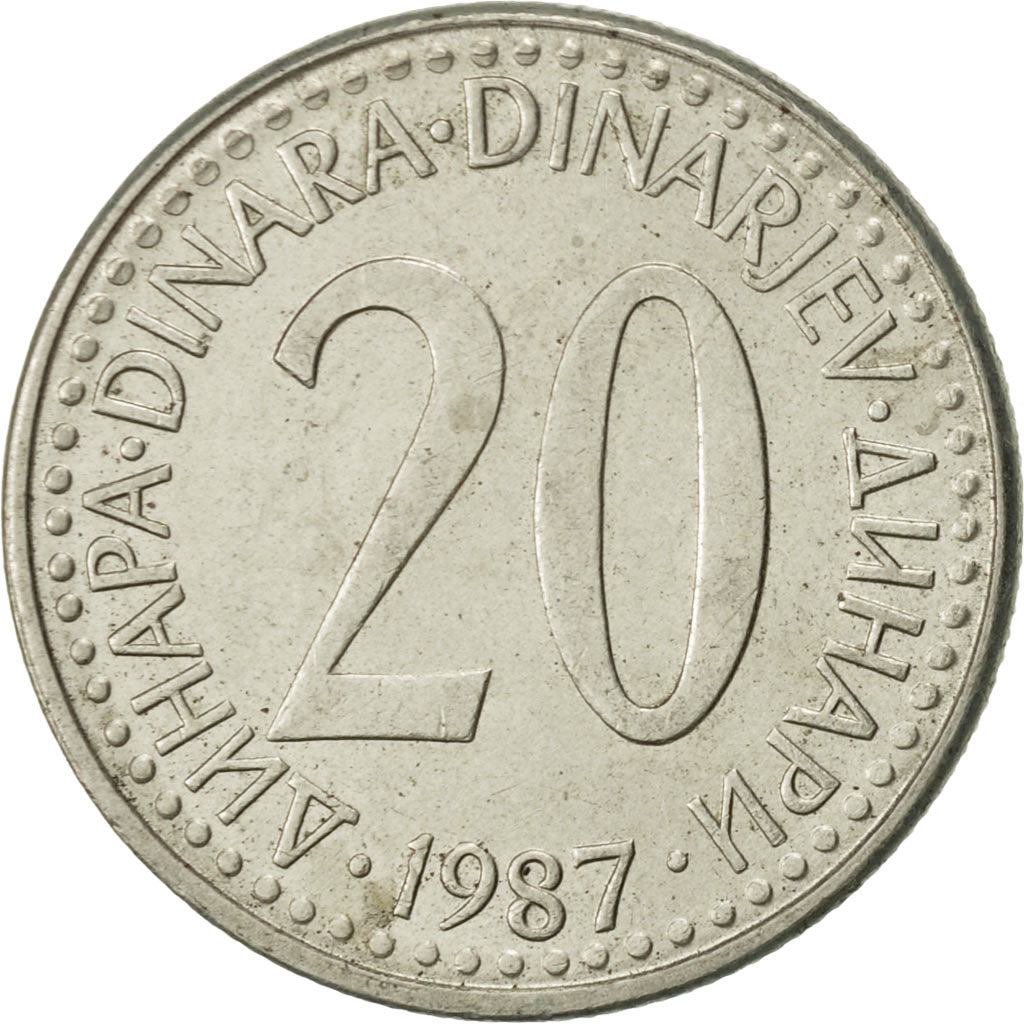 Coin, Yugoslavia, 20 Dinara, 1987, AU(55-58), Copper-Nickel-Zinc, KM:112