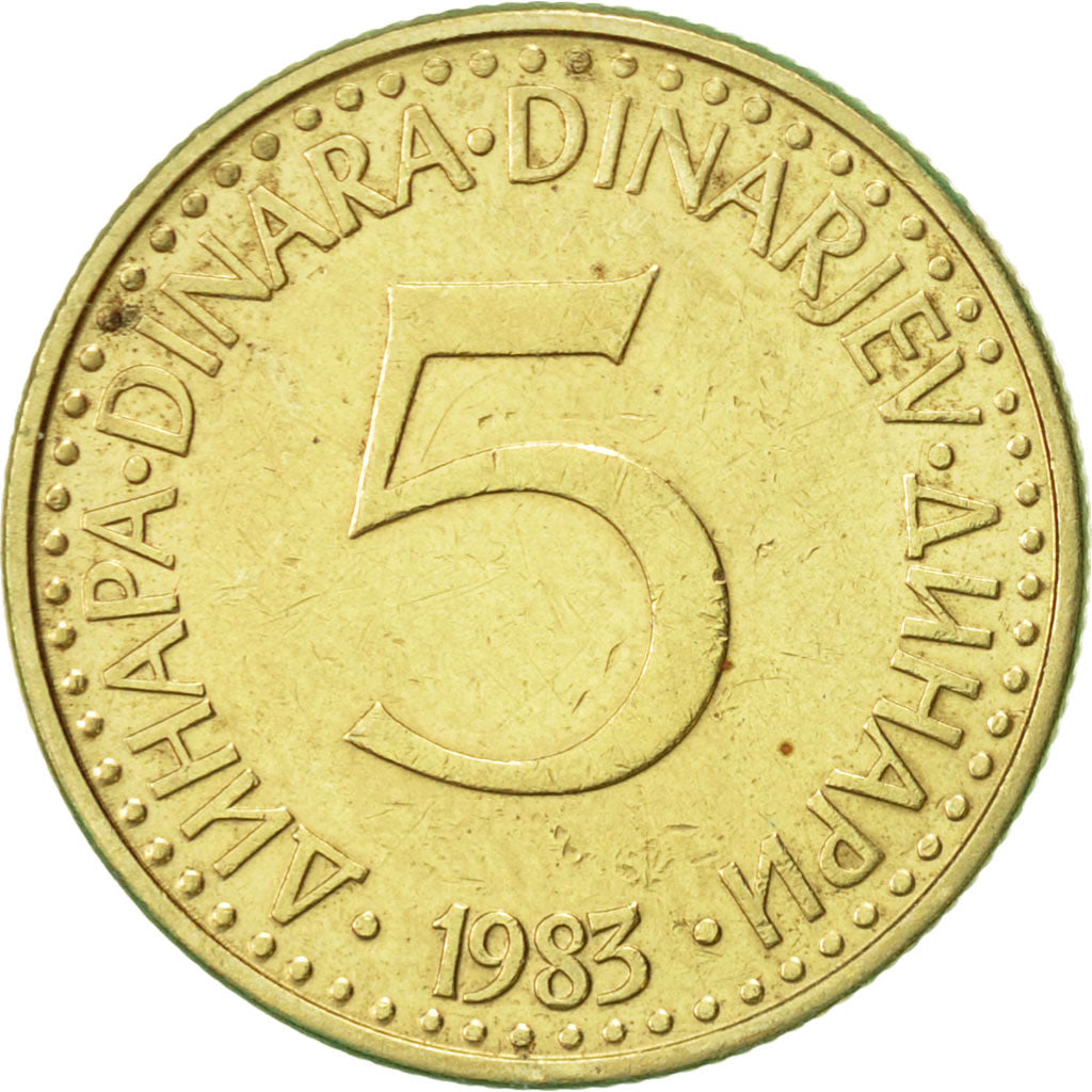 Coin, Yugoslavia, 5 Dinara, 1983, AU(55-58), Nickel-brass, KM:88