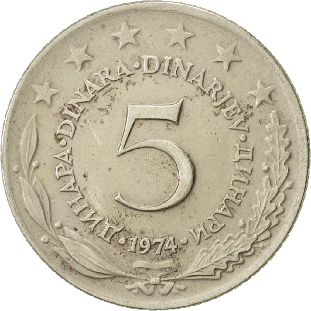 Moneta, Iugoslavia, 5 Dinara, 1974, BB, Rame-nichel-zinco, KM:58