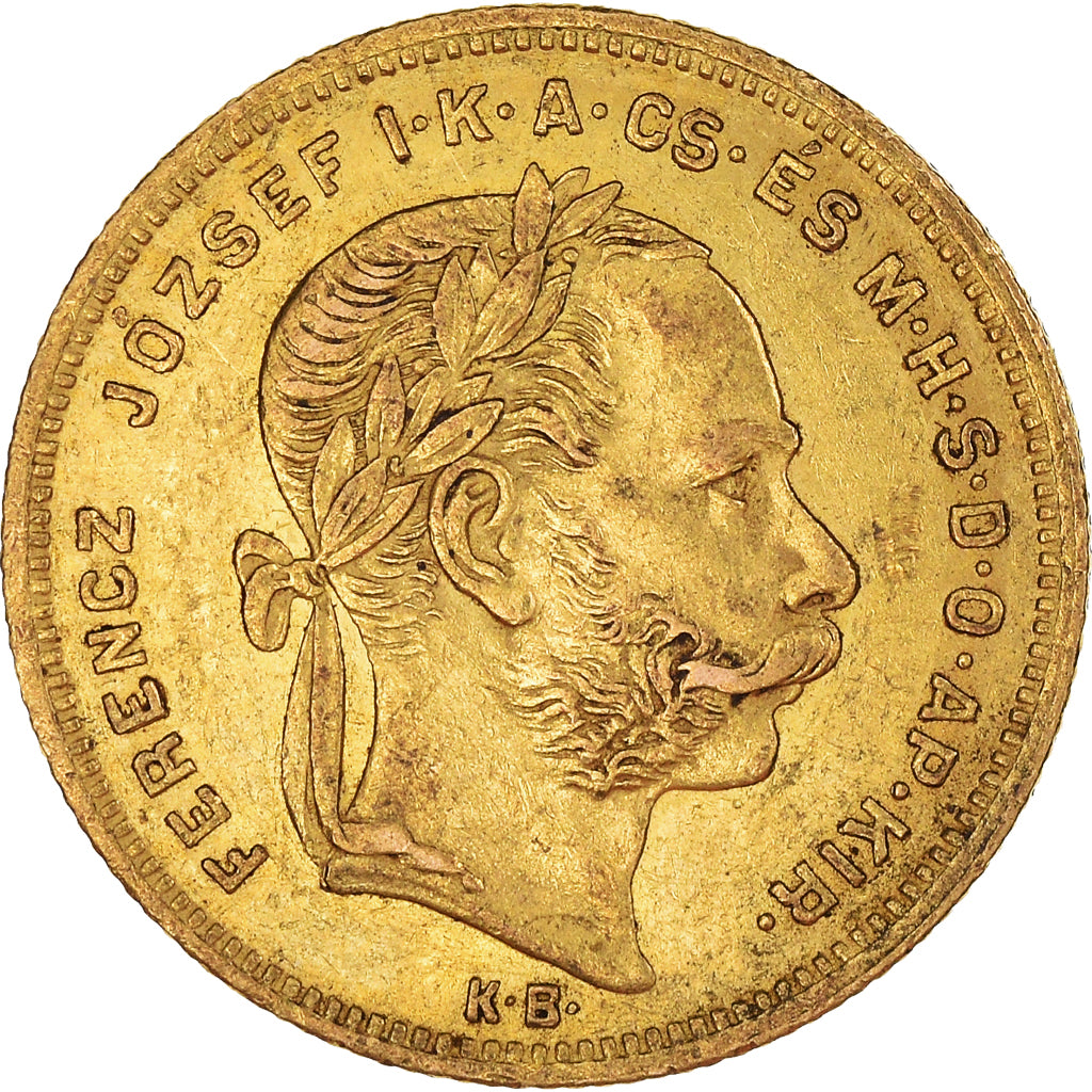 Moeda, Hungria, Franz Joseph I, 8 Forint 20 Francs, 1876, AU(50-53), Dourado