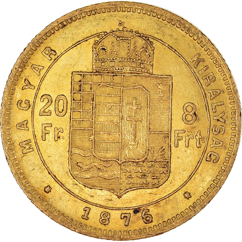 Moeda, Hungria, Franz Joseph I, 8 Forint 20 Francs, 1876, AU(50-53), Dourado