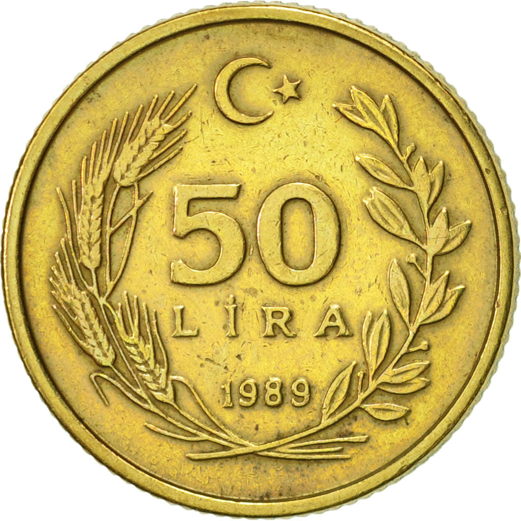 Turkey, 50 Lira, 1989, AU(55-58), Aluminum-Bronze, KM:987