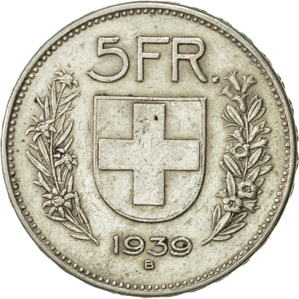 Coin, Switzerland, 5 Francs, 1939, Bern, AU(50-53), Silver, KM:40