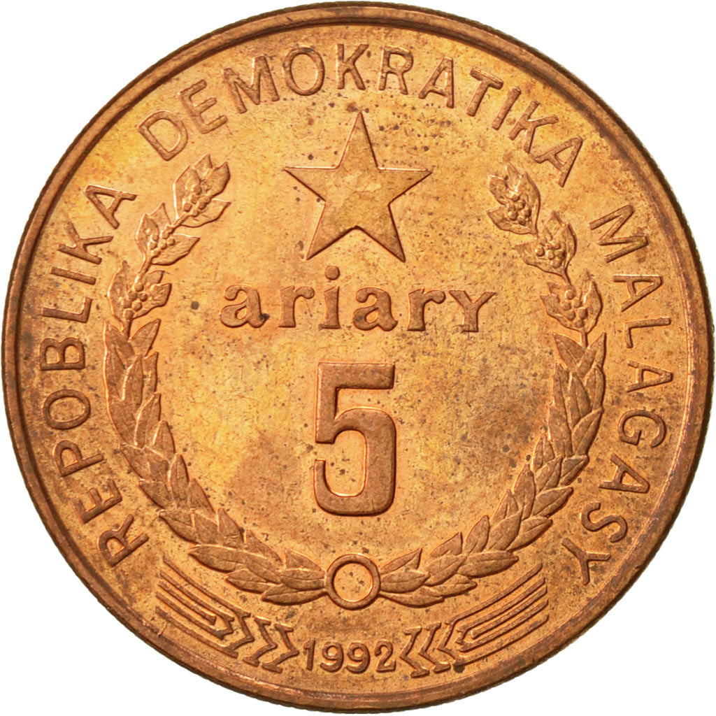 Madagascar, 5 Ariary, 1992, EF(40-45), Copper Plated Steel, KM:17